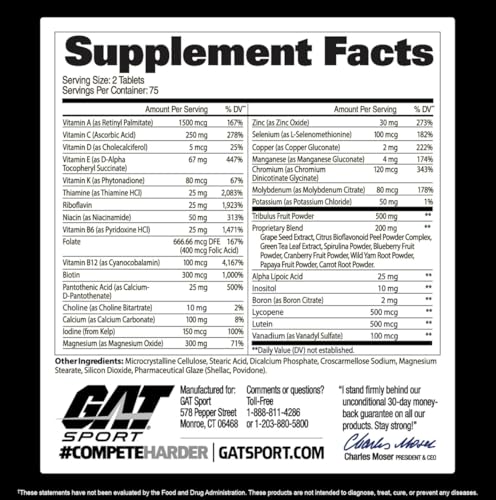 GAT SPORT Men's Multi + Test, Premium Multivitamin Tablets (150 Count)