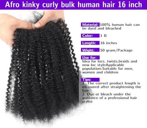 16 Inch Afro Kinky Curly Human Hair Bulk for Permanent Micro Locs/Twists/Braids/Repair Locs Afro Kinky Curly Bulk Human Hair Nature Black Color (1B, 16inch-50g/pack)