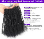 16 Inch Afro Kinky Curly Human Hair Bulk for Permanent Micro Locs/Twists/Braids/Repair Locs Afro Kinky Curly Bulk Human Hair Nature Black Color (1B, 16inch-50g/pack)