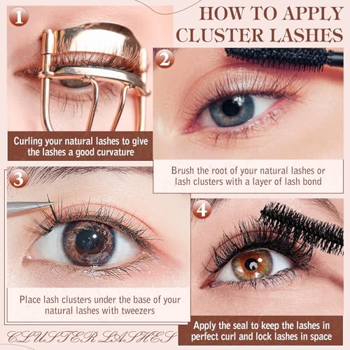 DIY Lash Extension Kit Volume Lash Clusters 60D+80D D Curl Individual Lashes Lash Clusters Kit Thick Eyelash Extension Kit 280 pcs Thin Band Cluster Lashes Lash Bond and Seal Lash Tweezers