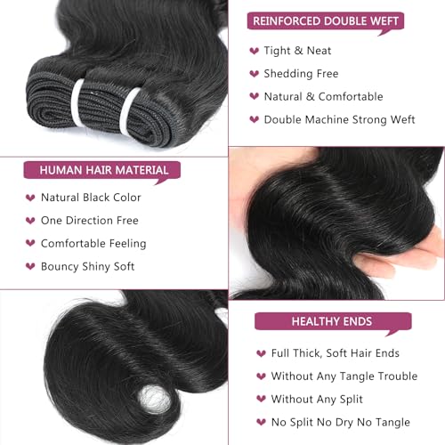Body Wave Bundles Human Hair 4 Bundles 14 16 Inch 12A Human Hair Bundles 100% Unprocessed Brazilian Virgin Hair Weave Bundles Human Hair Natural Black Deals for Women (14/14/16/16 Inch, 4 Bundles)