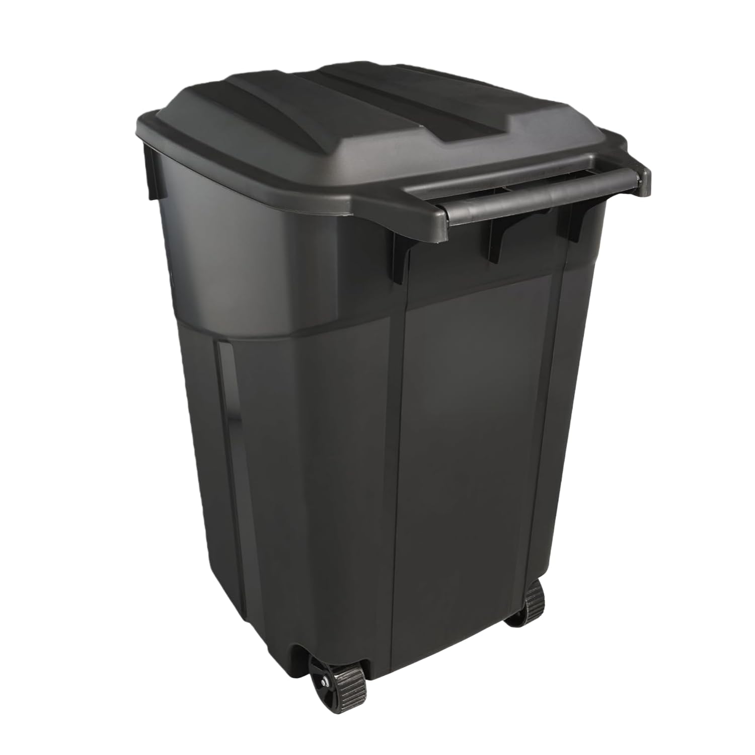 32 Gallon Outdoor Trash Can with Lid, Heavy-Duty Wheeled Garbage Bin for Backyard, Deck or Garage, Black, Can with Attached Snap Lock Lid and Heavy-Duty Handles (32 Gallon)