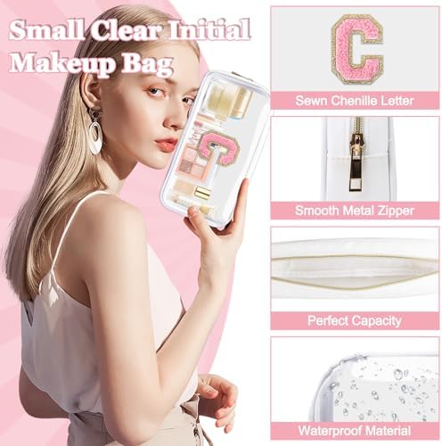 Small Clear Personalized Initial Makeup Bag,Nylon Preppy A-Z Chenille Letter Patch Cosmetic Pouch Beach Toiletry Bag,Waterproof Zipper Travel Purse Storage Bag Organizer for Women Girls(White-Pink C)