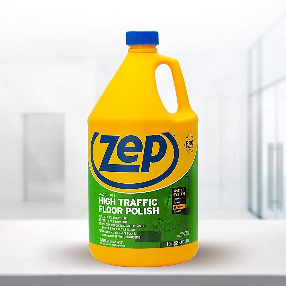 Zep Commercial High-Traffic Floor Polish, 4-1 Gallon Bottles, Professional Grade Floor Finish For a Range Of Hard Floor Surfaces (ZUHTFF128)
