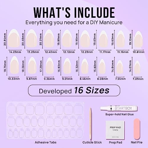 BTArtbox Press On Nails Short - French Tip Press On Nails, Almond Fake Nails White with Nail Glue, Fit Perfectly & Natural Reusable Stick On Nails in 15 Sizes Glue On Nails Kit, White French