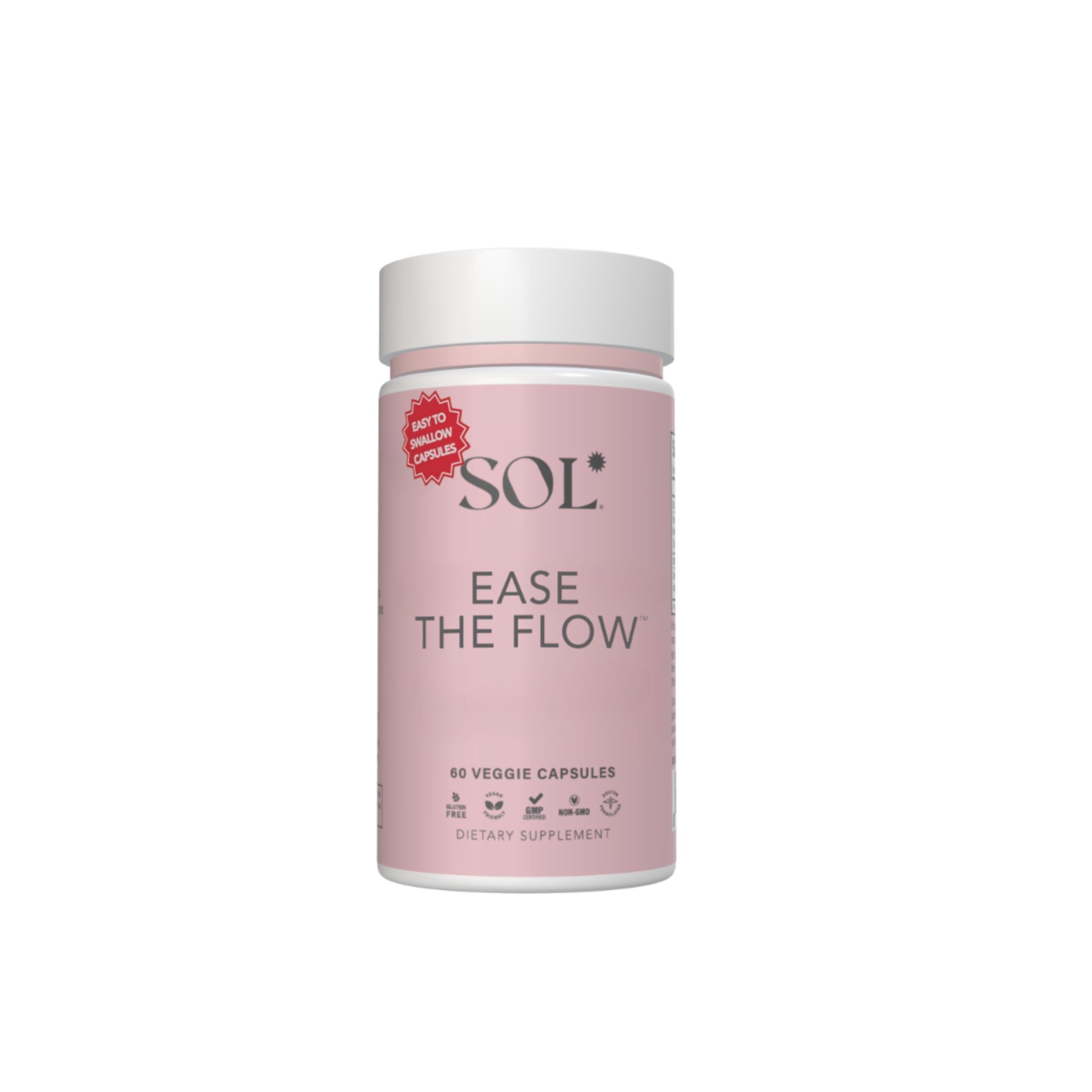 Sol Nutrition Ease the Flow - PMS Support, Menstrual Relief, PMDD Supplements, Period Relief Products, Eases Bloating & Mood Swings, Vitamins B6 & B8, 60 Easy-to-Swallow Capsules