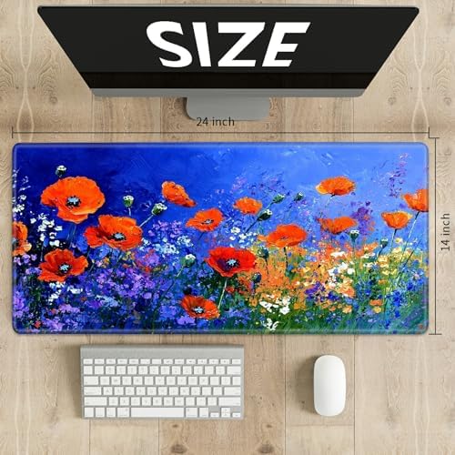 Playmats for Magic: The Gathering MTG Card Game Mat Plus 50 Pcs Card Sleeves, 24 x 14 inch TCG Mat with Stitched Edge for Commander Deck Duskmourn Board Game, Poppies and Wildflowers