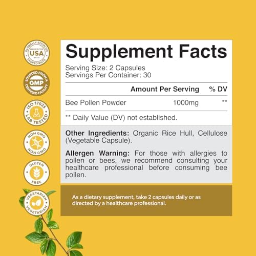 Bee Pollen Supplement 1000mg per Serving - Pure Capsules with Naturally Occurring B Vitamins Minerals & Enzymes Pills Made Vegetarian Non-GMO Gluten Free (30 Servings)