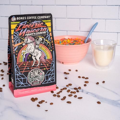 Bones Coffee Company Electric Unicorn Flavored Coffee Beans, Medium Roast Ground Coffee Low Acid, Fruity Cereal With Milk Flavor (12 oz)