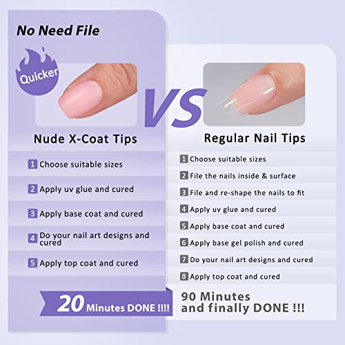 BTArtbox XCOATTIPS Natural Nail Tips - Short Square Press On Nails Pink, Long Lasting Soft Gel Nails False Nail, Soak Off Acrylic Fake Nails Extensions for Nail Art DIY Women