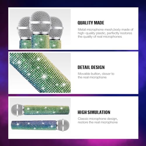 Sanwuta Fake Microphone Prop Sparkly Bling Rhinestones Plastic Play Microphone Pretend Glitter Bedazzled Mic for Cosplay Party Costume(Gradient)