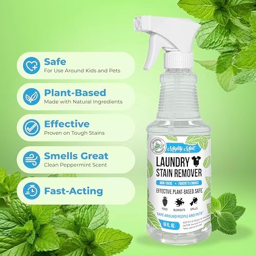 Mighty Mint Laundry Stain Remover, Parent’s Choice Non-Toxic Spray for Stains from Food, Drink, Grease, Natural Peppermint Scent, 16oz