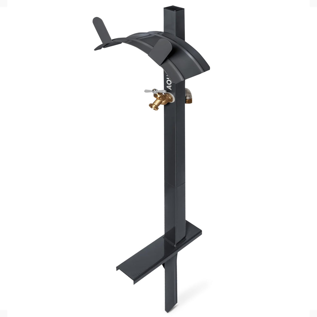 Aqua Joe Steel Garden Hose Stand with Brass Faucet and Quick-Install Anchor Base - Heavy-Duty Freestanding Holder for Outdoor Lawn, Yard & Garden Hose Storage, SJ-SHSBB-GRY