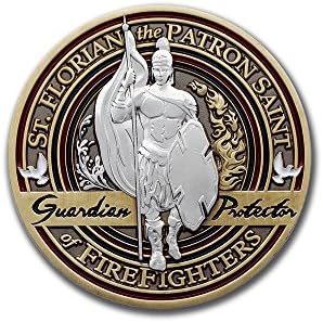 & Emblem - Firefighter Brotherhood Challenge Coin Saint Florian in Deluxe Display tin with Bonus polishing Cloth