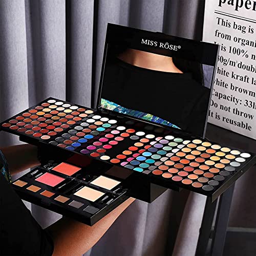 MISS ROSE 190 Colors Cosmetic Make up Piano Box Set,Combination with Eyeshadow /Facial Blusher /Eyebrow Powder /Eyeliner Pencil /Mirror,All-in-1 Makeup Gift Set (Color B)