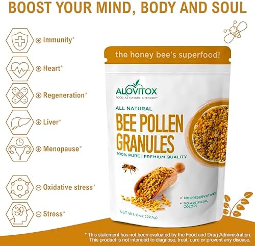 Alovitox Bee Pollen Granules 8 Oz | 100% Pure, Organic Bee Pollen for Bearded Dragons | Superfood Packed Bee Pollen Organic with Antioxidant, Protein, Vitamin & More | Nutritional Yeast & Gluten Free