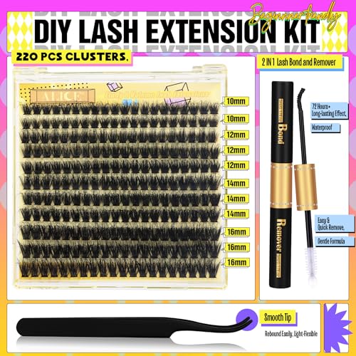 ALICE Fluffy Volume Lash Clusters Kit Lash Extension Kit Thick 3D Wispy DIY Eyelash Extension Kit with 220Pcs Mink Look Individual Lashes, Lash Bond and Remover,Tweezers(10-16mm,0.05D, D Curl)