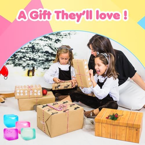 4pack Stress Cube Squishy Stress Balls for Adults Kids Fidget Toy for Your Best Mellow and Chill -Ice Cubes-Square Shape with Filling in Pink Blue Purple Green -Age 3 to Adult(4pcs Cube)