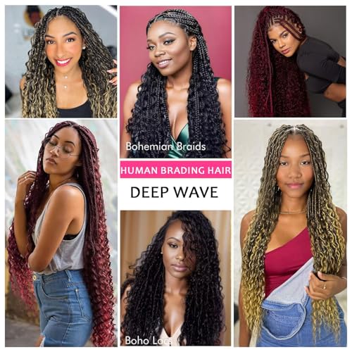Human Braiding Hair 2 Bundles 28Inch Deep Wave Bulk for Braiding No Weft Curly Boho Braids 12A Brazilian Virgin Hair Extensions 1B/27 100g