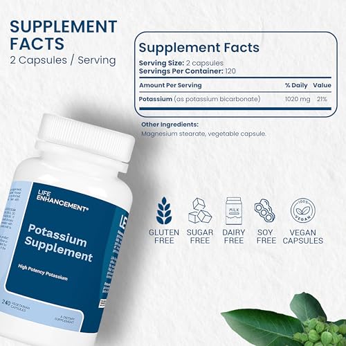 Life Enhancement High Potency 1020 mg Potassium Supplement for Muscle, Brain & Bone Health - No Additives High Absorption Elemental Potassium Supplement, Made in USA (240 Capsules – 120 Servings)