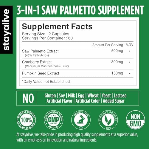 STAY ALIVE Saw Palmetto Extract Capsules w/Cranberry & Pumpkin Seed Oil, 120 Vegan Pills for Hair, U.T & Prostate, Pure Saw Palmetto for Men and Women, Non-GMO, Gluten Free Pumpkin Seed Supplement