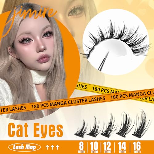 JIMIRE Wispy Lash Clusters Extensions 180Pcs Anime Eyelash Clusters D Curl Manga Lashes Clusters Natural Look 8-16MM Cluster Eyelash Extensions Individual Lash Extension Pack