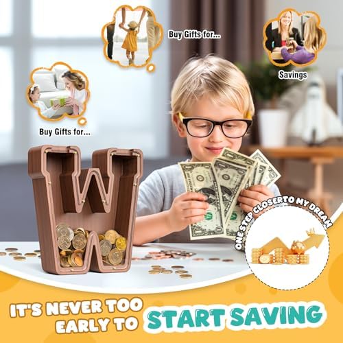 Summidate Wooden Letter Piggy Bank, Extra Thick Large Capacity Piggy Bank for Kids Boys Girls Toddler, Alphabet W Money Bank| Coin Box Birthday, Christmas, Festival
