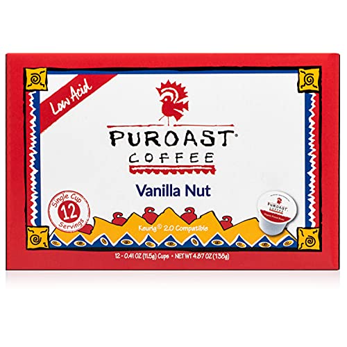 Puroast Low Acid Coffee| Vanilla Single Serve Pods | Medium Roast | High Antioxidants & High pH |No Bitter Aftertaste | Reduced Heartburn & GERD Friendly | 12 Count - Compatible with Keurig Brewer