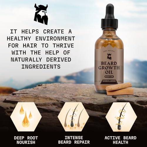 Striking Viking Beard Growth Oil with Biotin - 2 Fl Oz, 1 Pack, Sandalwood - Thickening, Conditioning Biotin Beard Growth Serum for Men with Argan & Jojoba Oil - Facial Hair Serum for Men