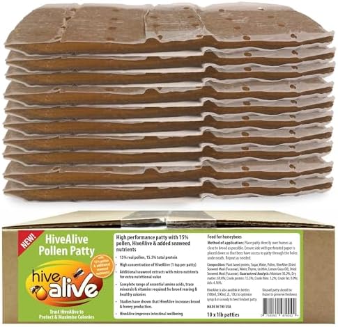 Pollen Patties for Honey Bees - 10lb (10x1lb) Natural Bee Food with 15% Real USA Pollen, Full Dose of Hive Alive Concentrate, Seaweed Micronutrients, and Amino Acids to Improve Colony Health, Brood