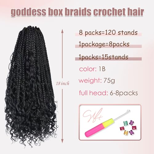 Crochet Hair for Black Women,18 Inch Pre Looped 8 Packs Goddess Box Braids Crochet Hair,Boho Box Crochet Braids with Curly Ends,Bohemian Box Knotless Braids Synthetic Hair Extensions,#1B