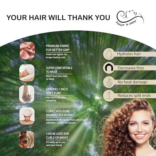 Sleep ‘N Curl - 100% Pure Biodegradable Bamboo Silk - Heatless Hair Curler KIT with Pure Bamboo Silk Cap (Bonnet) All Natural