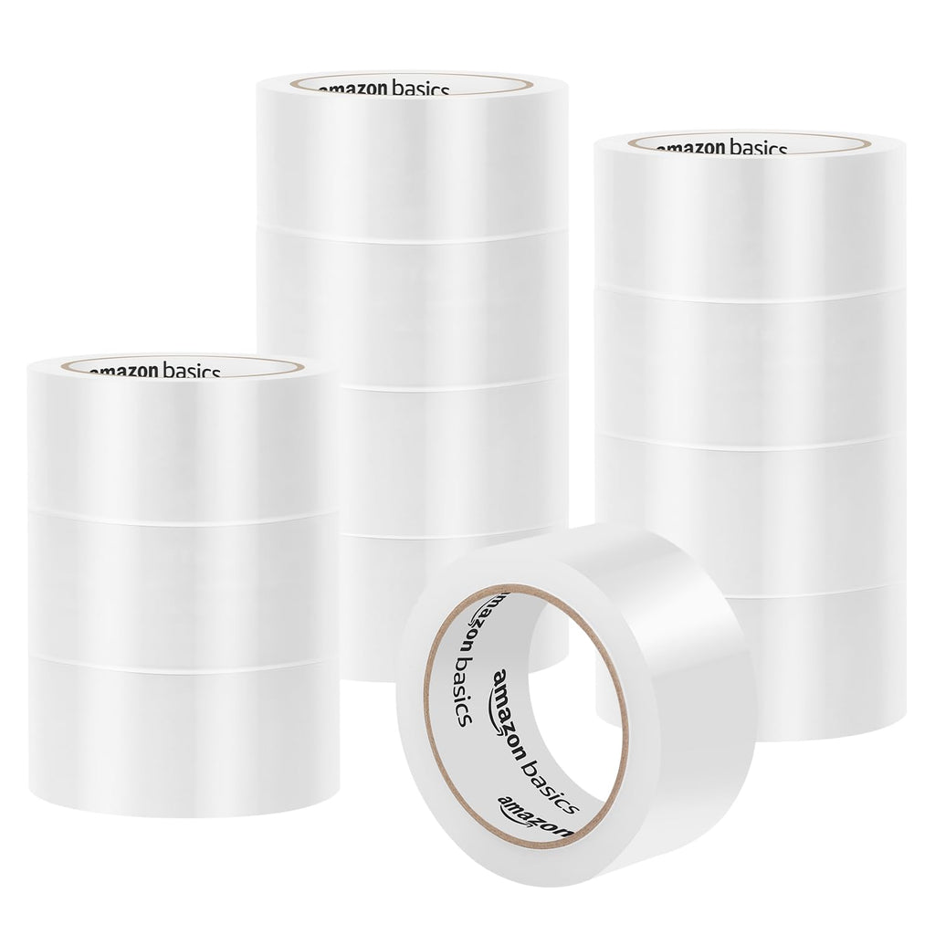 Amazon Basics Strong Plastic Adhesive Packing Tape for Shipping, Sealing Boxes, Moving and Storage, Clear, Low Odor, 1.88 in x 54.6 yds, 12-Pack