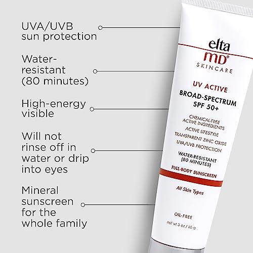 EltaMD UV Active Zinc Oxide Sunscreen, SPF 50+ Mineral Sunscreen Lotion, Formulated for Active Lifestyles and Full Body Sun Protection, Water Resistant Up to 80 Minutes, Oil Free, 3.0 Oz Tube