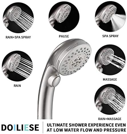 Shower Head, High Pressure 6 Setting Shower Head Hand-Held with ON/OFF Switch and Spa Spray Mode - Shower Heads with Handheld Spray High Pressure - Brushed Nickel