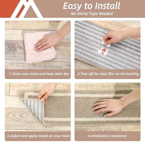 COSY HOMEER Soft Stair Treads 15pcs Non-Slip Carpet Mat 28inX9in Indoor Stair Runners for Wooden Steps,Stair Rugs for Kids and Dogs, 100% Polyester TPE Backing Beige,Square
