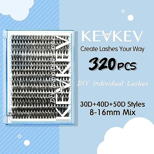 KevKev Lash Clusters Individual Lashes 3D Fluffy Eyelash Clusters 320 Pcs Cluster Lashes 30+40+50D Wispy Volume Lashes DIY Lash Extensions Thin Band & Soft (Fluffy 30+40+50D,D-8-16mix)