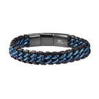 Magna Steel Men's Braided Genuine Leather Link Steel Chain Bracelet (Blue)
