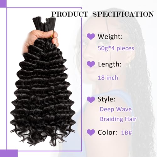 200g Curly Braiding Hair for Boho Braids 18 Inch Deep Wave Bulk No Weft Wet and Wavy Crochet Hair for Women Knotless Braiding Hair Extensions 4 Packs Natural Black