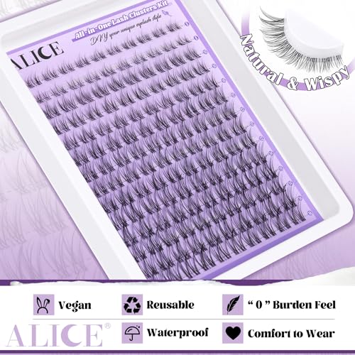 ALICE Cluster Eyelash Extension Kit Natural Wispy Lash Clusters Kit Lash Extension Kit Clear Band 168pcs C Curl 11-13mm Individual Lashes with Lash Glue Bond and Seal Self Application at Home