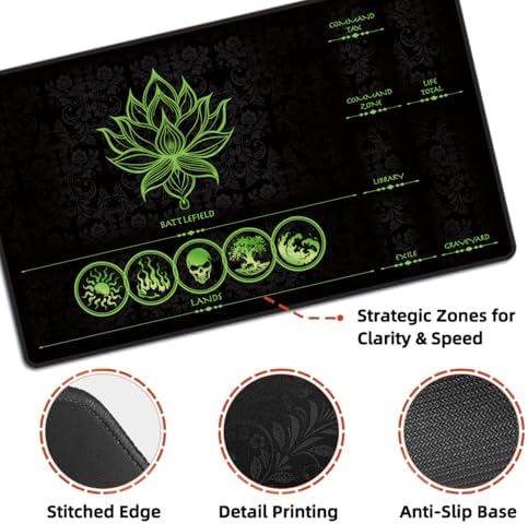 MTG Playmat with Play Zones – Magic Play mat Card Game Mat for Magic The Gathering, Lotus & Basic Lands Design, 24x14 inch, Stitched Edge, Non-Slip Base with Prismatic Playmat Tube-Green Zone