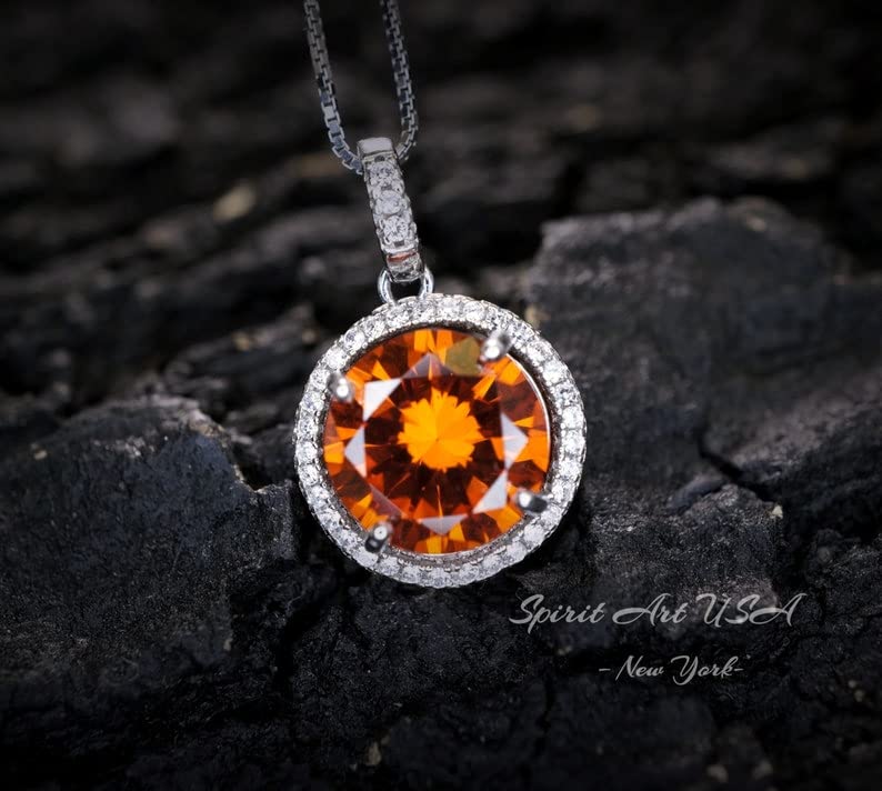 Round Sunstone Necklace Tangerine Orange Sapphire Pendant High Quality Lab created Sterling Silver 4 CT Red Orange Spessartite Garnet Jewelry