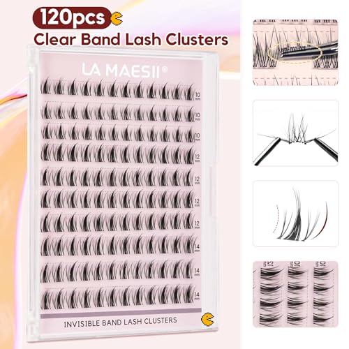 Lash Clusters 120Pcs Invisible Band Natural Eyelash Clusters 10-14mm C Curl Lash Extensions DIY Individual Cluster Lashes Thin & Clear Band False Eyelashes(CB122)