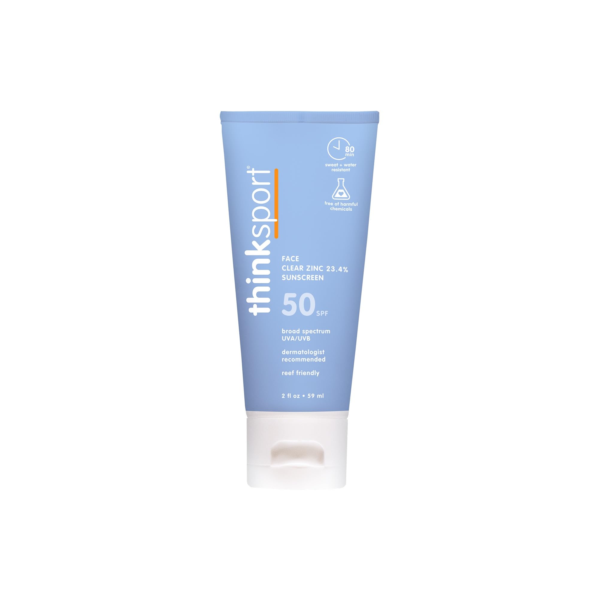 Thinksport SPF 50+ Sunscreen for Face with Clear Zinc Oxide, 2 Fl Oz – Safe, Natural, Water Resistant Face Sunscreen UVA/UVB Sun Protection – Vegan, Reef Safe Sunscreen
