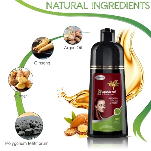 Natural Hair Dye Shampoo 3 IN 1, Hair Color for Gray Hair Coverage, Hair Coloring Shampoo for Women, Color Shampoo Beard Dye for Men, Vegan Ammonia Free Hair Shampoo (BURGUNDY RED)