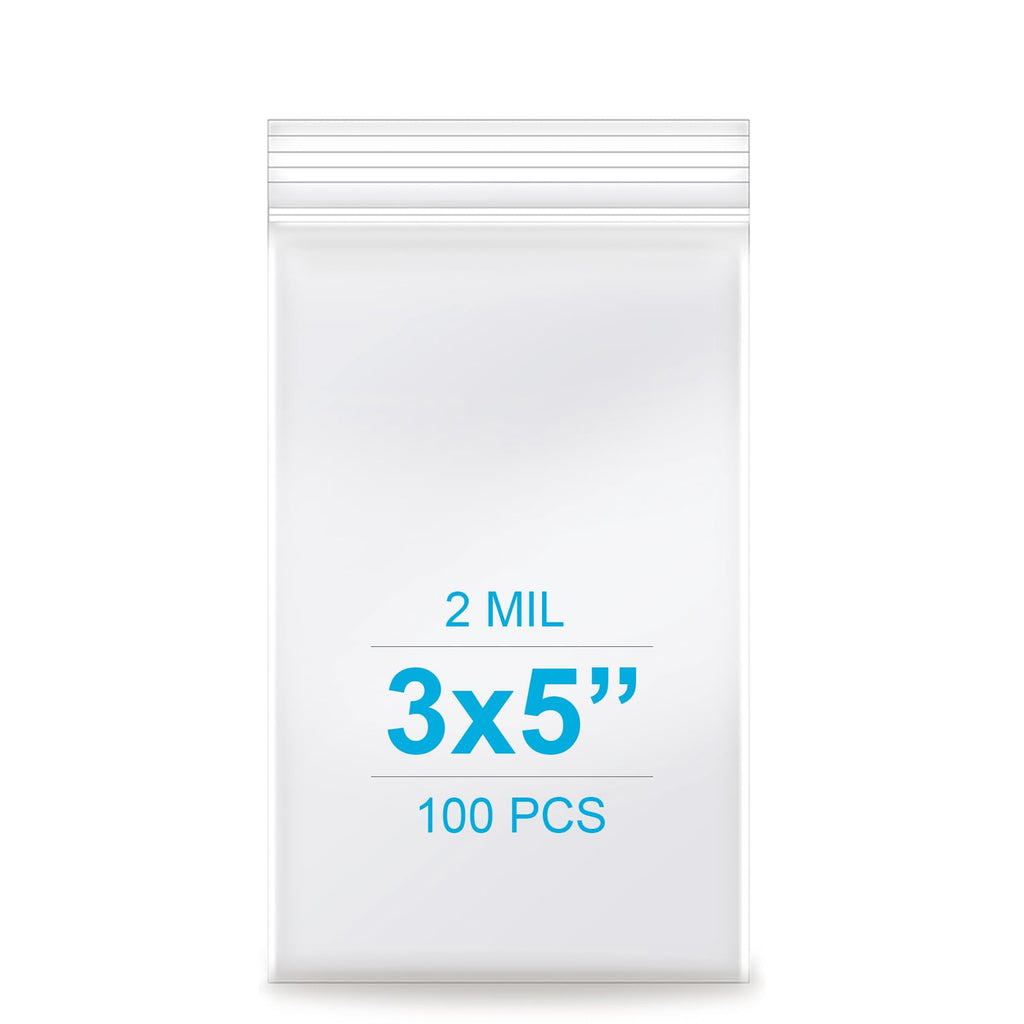 3''x 5'', (Pack of 100) 2 mil Thick Clear Plastic Reclosable Zip Poly Bags with Resealable Lock Seal Zipper for Photo, Jewelry, Bakery, Treats, Travel, Storage, Packaging & Shipping
