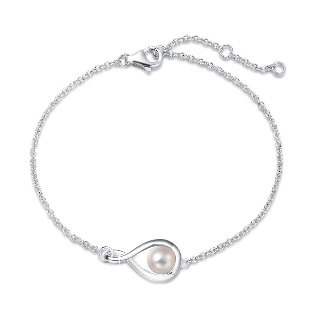 FANCIME White Pearl Bracelets June Birthstone Bracelet for Women Sterling Silver Infinity Link Bracelet Fine Jewelry Anniversary Birthday Mothers Day Gifts for Mom Her, Chain 6.7+1.2"