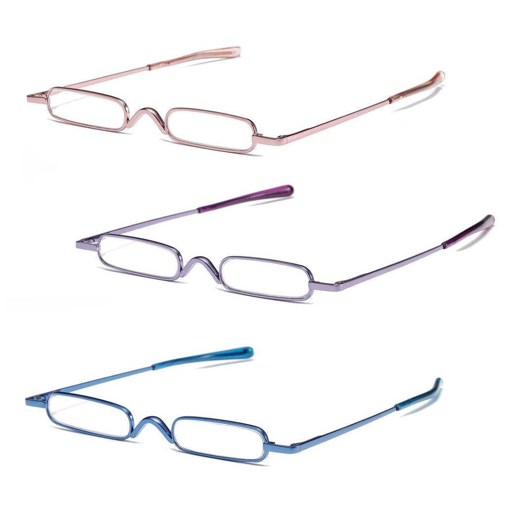 OWTXIS 3 Pack Mini Slim Pen Reading Glasses - Compact Readers with Pen Clip Case Spring Hinge Metal Frame Eyeglasses (Pink, Purple, Blue, +2.00)