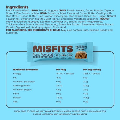 Misfits Vegan Protein Bar, High Protein, Low Sugar, Gluten Free, Plant Based Protein Bar, 12 Pack (Cookies And Cream)