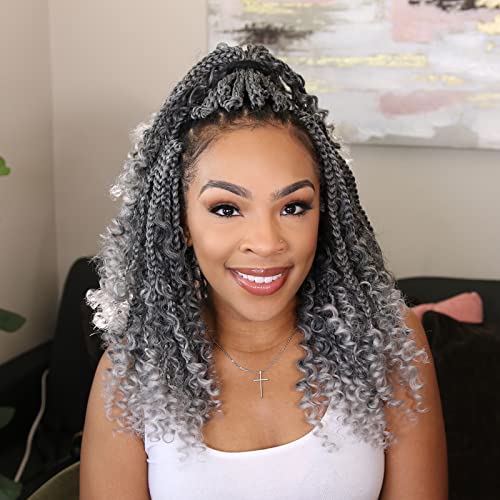 ToyoTress Boho Box Braids Crochet Hair - 16 Inch 8 Packs Ombre Gray Box Braids Crochet Hair Curly End Crochet Braids, Shouler Length Pre-looped Synthetic Braidsing Hair (16 Inch, T-Gray-8P)